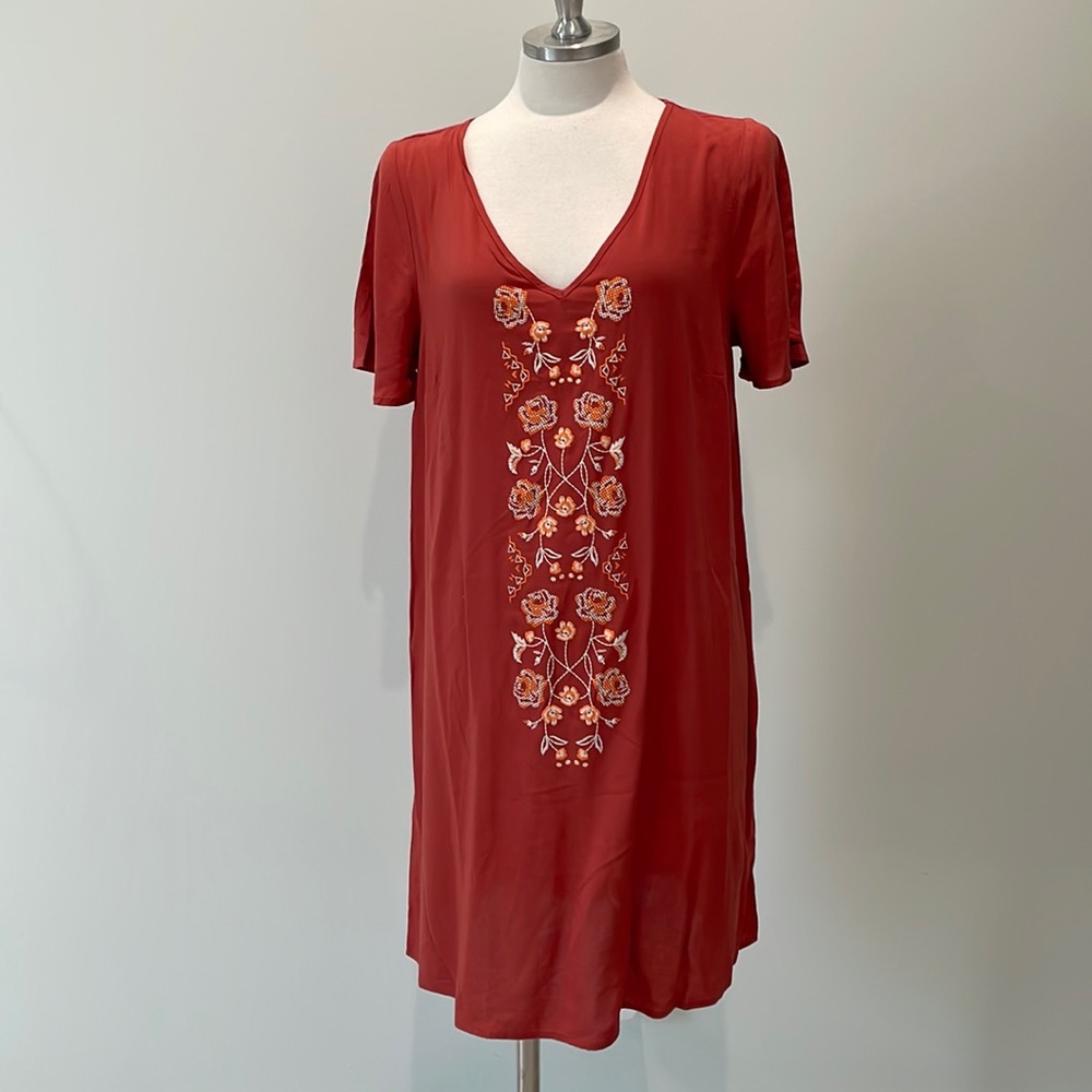 Love, Fire Rust Embroidered Shift Dress NWT